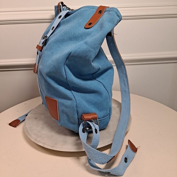 Light Blue Denim Backpack with Camel PU Trim, 2 Sections, Pockets, EUC